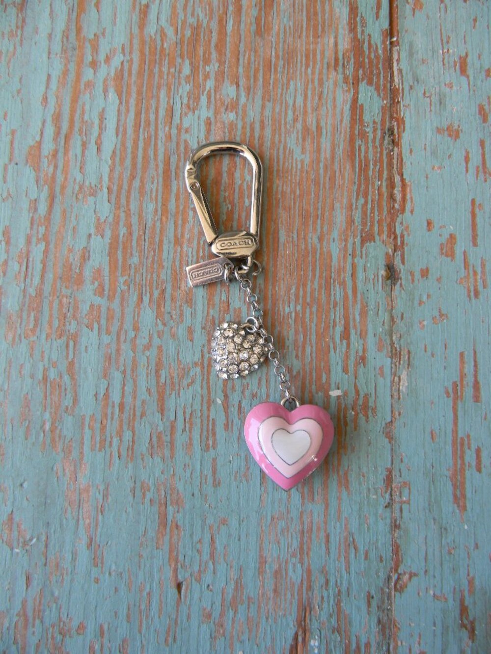 Coach Pink Heart & SILVER Crystal HEART Keychain Purse Bag Charm